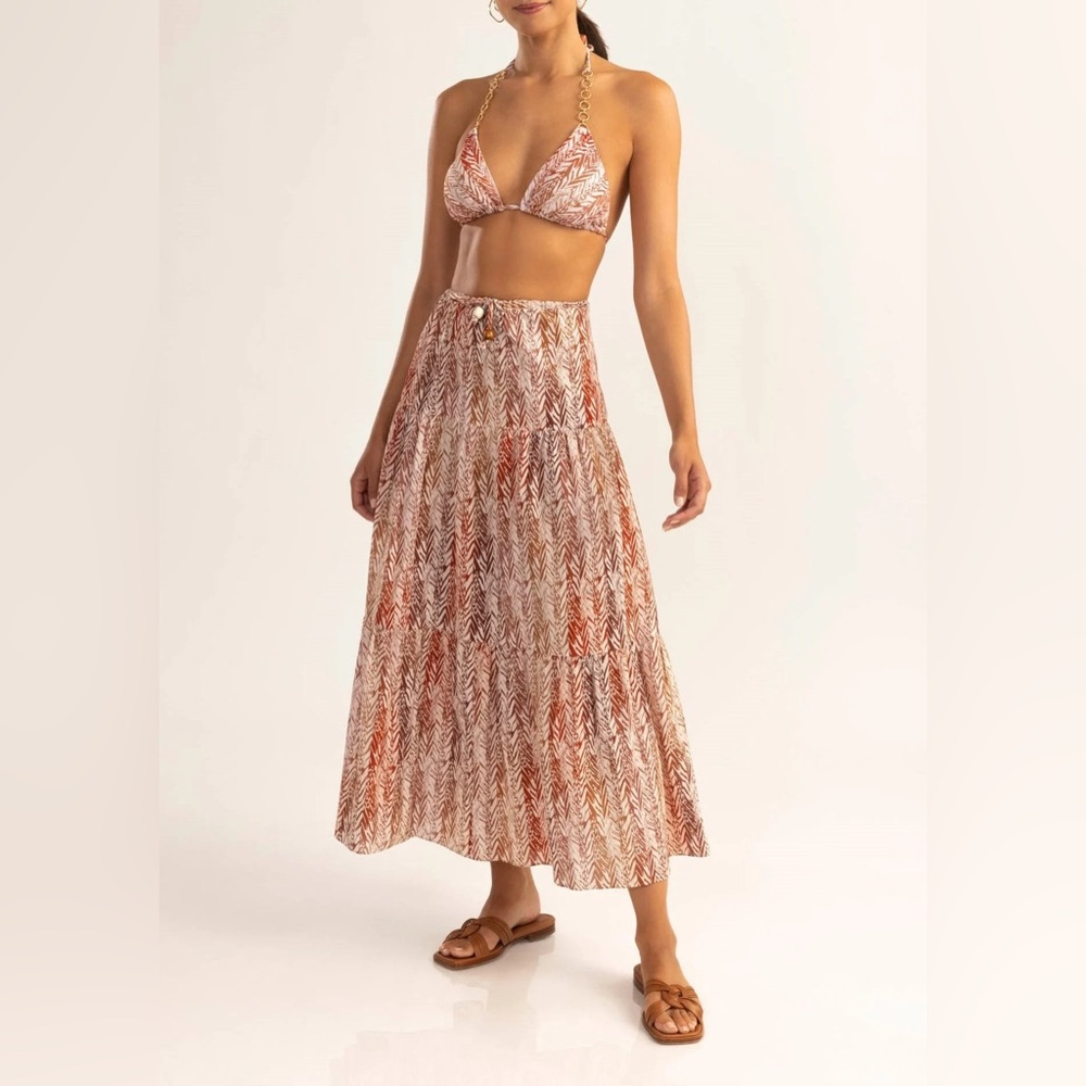 SHOSHANNA $495 Safari Stripe Tiered Cotton Midi-Skirt In Amber Multi - Picture 3 of 12